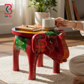 KB ART Wooden Elephant Stool KB-5129 - hand finished finish featuring elephant motif design, handmade Jodhpur wood decor