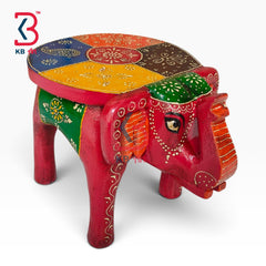 KB ART Wooden Elephant Stool KB-5129 - hand finished finish featuring elephant motif design, handmade Jodhpur wood decor