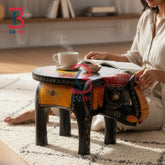 KB ART Wooden Elephant Stool KB-5130 - handcrafted finish featuring elephant motif design, handmade Jodhpur wood decor