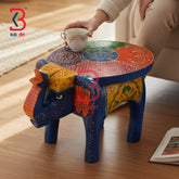 KB ART Wooden Elephant Stool KB-5131 - hand painted finish featuring elephant motif design, handmade Jodhpur wood decor