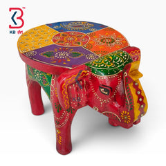 KB ART Wooden Elephant Stool KB-5132 - hand finished finish featuring elephant motif design, handmade Jodhpur wood decor