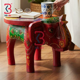 KB ART Wooden Elephant Stool KB-5132 - hand finished finish featuring elephant motif design, handmade Jodhpur wood decor