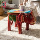 KB ART Wooden Elephant Stool KB-5133 - handcrafted finish featuring elephant motif design, handmade Jodhpur wood decor