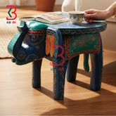 KB ART Wooden Elephant Stool KB-5134 - hand carved finish featuring elephant motif design, handmade Jodhpur wood decor