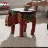 KB ART Wooden Elephant Stool KB-5135 - handcrafted finish featuring elephant motif design, handmade Jodhpur wood decor