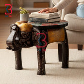 KB ART Wooden Elephant Stool KB-5136 - hand finished finish featuring elephant motif design, handmade Jodhpur wood decor