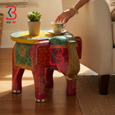 KB ART Wooden Elephant Stool KB-5137 - hand carved finish featuring elephant motif design, handmade Jodhpur wood decor