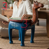 Hand Carved Wooden Camel Accent Stool Home Styling Indian Decor Traditional Artisan Furniture Display Puja Mandir Ritual Festive Interior Heritage