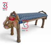 KB ART Wooden Bench KB-5144 - hand painted finish featuring elephant motif design, handmade Jodhpur wood decor