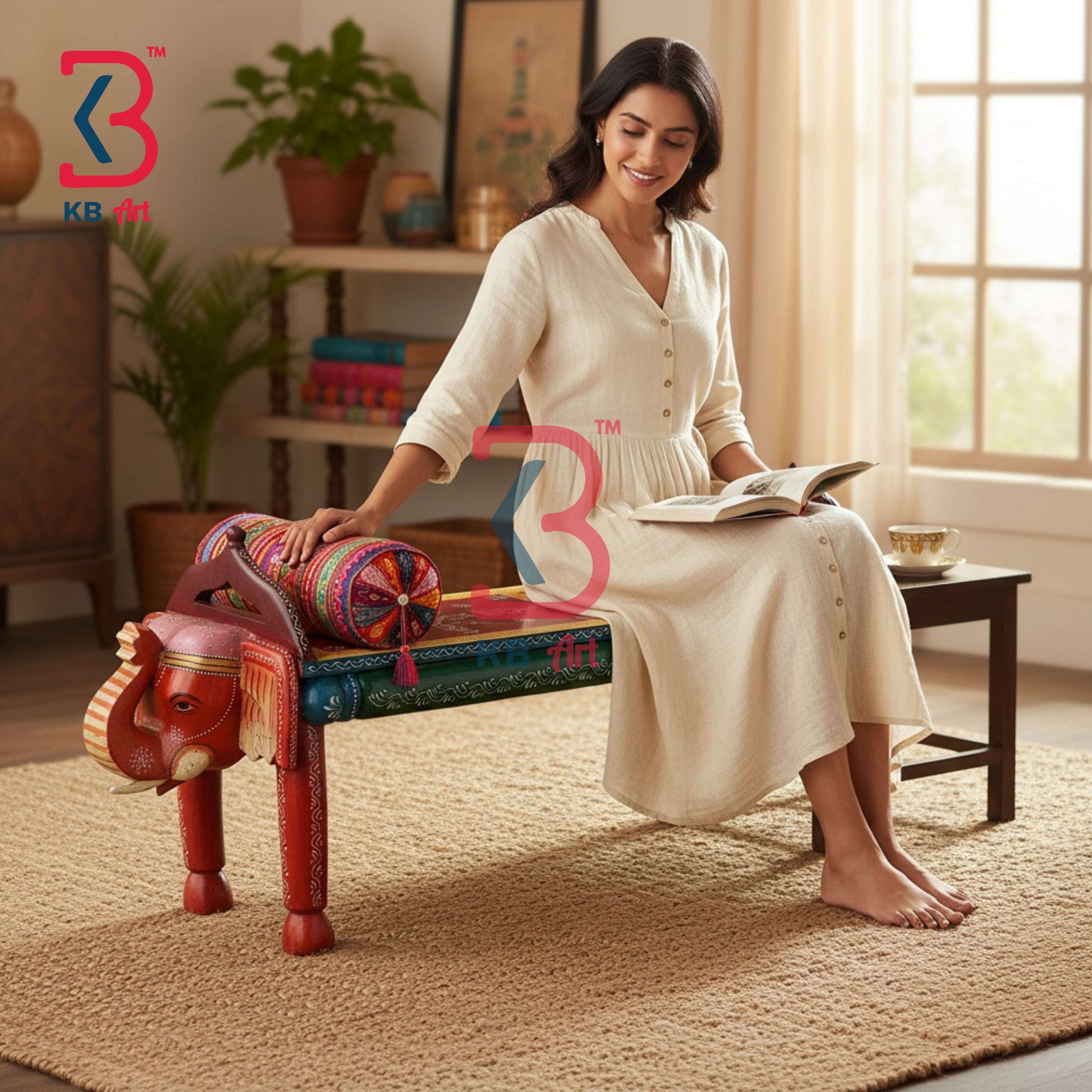KB ART Wooden Bench KB-5152 - hand finished finish featuring elephant motif design, handmade Jodhpur wood decor