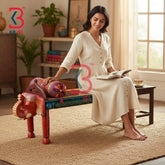 KB ART Wooden Bench KB-5152 - hand finished finish featuring elephant motif design, handmade Jodhpur wood decor