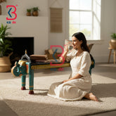 KB ART Wooden Bench KB-5153 - handcrafted finish featuring elephant motif design, handmade Jodhpur wood decor