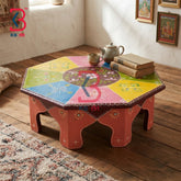 KB ART Wooden Chowki KB-5154 - handcrafted finish featuring hexagon motif design, handmade Jodhpur wood decor