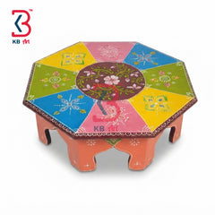 KB ART Wooden Chowki KB-5154 - handcrafted finish featuring hexagon motif design, handmade Jodhpur wood decor