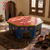 KB ART Wooden Chowki KB-5155 - hand finished finish featuring hexagon motif design, handmade Jodhpur wood decor