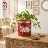 KB ART Traditional Rajasthani Hand Painted Wood Cylindrical Planter Handcrafted Indian - Handcrafted Wooden Round Planter Pot Pichwai Cow Art