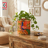 KB ART Hand Carved Wooden Round Plant Pot Living Room Planter - Solid Wood Indoor Flower Pot Kamdhenu Cow Motifs