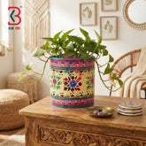 KB ART Rustic Hand Painted Wood Round Planter Balcony Handcrafted Indian - Traditional Jodhpur Handicrafts Wooden Plant Pot