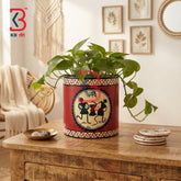 KB ART Handcrafted Wooden Kamdhenu Cow Planter Pooja Room Indian Artisan - Decorative Wood Carved Cylindrical Flower Pot Stand