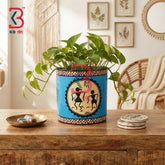 KB ART Ethnic Wooden Round Planter Pot Housewarming Gift Handcrafted Indian - Vintage Style Painted Wooden Tabletop Plant Holder