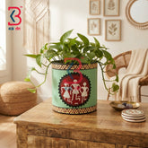 KB ART Traditional Indian Folk Art Wooden Cylindrical Planter Handcrafted Indian - Solid Wood Hand Painted Plant Container Indoor Garden