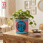 KB ART Hand Painted Wood Planter Office Desk Handcrafted Indian Artisan - Handcrafted Round Wooden Flower Pot for Center Table