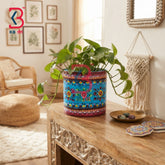 KB ART Handcrafted Wooden Cylindrical Flower Pot Showpiece Planter Indian Artisan - Royal Heritage Artisan Painted Wood Round Planter
