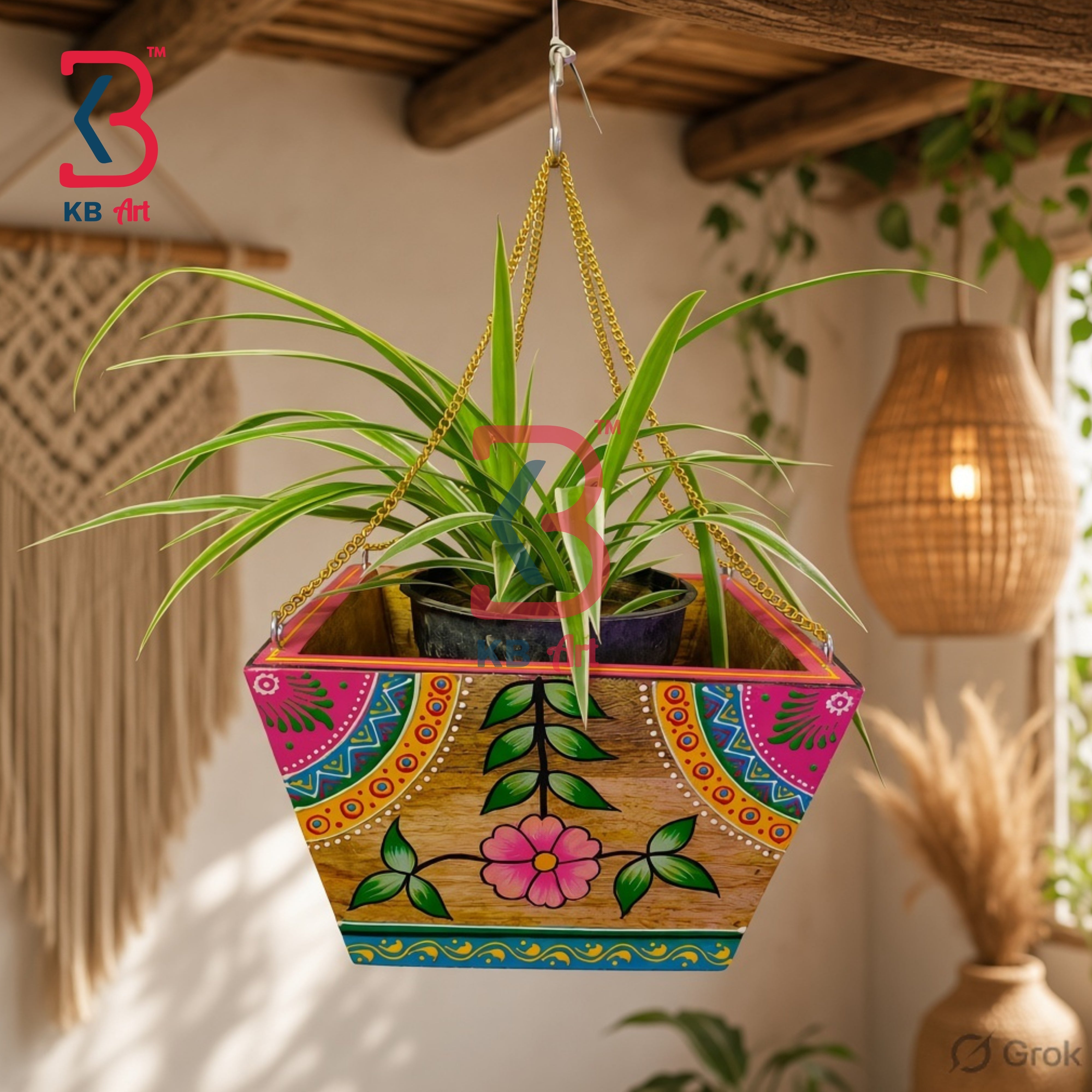 KB ART Handcrafted Wooden Trapezoid Flower Pot Showpiece Planter Indian Artisan - Handcrafted Wooden Trapaziuml Flower Pot Showpiece - Front View