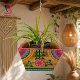 KB ART Handcrafted Wooden Trapezoid Flower Pot Showpiece Planter Indian Artisan - Handcrafted Wooden Trapaziuml Flower Pot Showpiece - Front View