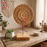 KB ART Traditional Hand Carved Wood Medallion Disc Metal Stand Handcrafted - Handcrafted Wooden Carved Round Plate with Stand Tabletop Decor