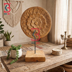 KB ART Traditional Hand Carved Wood Medallion Disc Metal Stand Handcrafted - Handcrafted Wooden Carved Round Plate with Stand Tabletop Decor