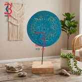 KB ART Rustic Wooden Mandala Disc Artifact Pedestal Stand Handcrafted Indian - Circular Floral Carved Wooden Plate Tabletop Showpiece