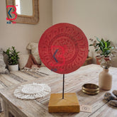 KB ART Vintage Style Carved Wooden Disc Pedestal Base Handcrafted Indian - Decorative Wood Carving Round Plate Statue for Office Desk