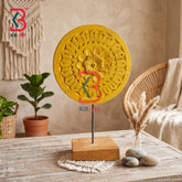 KB ART Rustic Handcrafted Wooden Round Plaque Showpiece Stand Disc Indian - Lotus Motif Carved Wooden Round Plate Shelf Styling Decor
