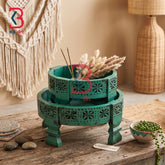 KB ART Hand Carved Wooden Chakki Bowl Riser Tabletop Showpiece Handcrafted - Solid Wood Vintage Chakki Stool Planter Stand