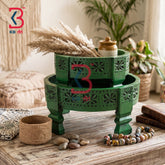 KB ART Boho Wooden Flour Grinder Chakki Table Accent Handcrafted Indian - Rustic Indian Wooden Carved Chakki Centerpiece Tray