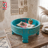 KB ART Distressed Finish Wood Carved Chakki Accent Piece Handcrafted Indian - Decorative Round Wooden Chakki Tabletop Organizer Tray