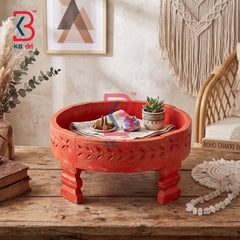 KB ART Authentic Jodhpur Handicrafts Wooden Carved Chakki Handcrafted Indian Artisan - Handcrafted Wooden Chakki Stool for Living Room Decor