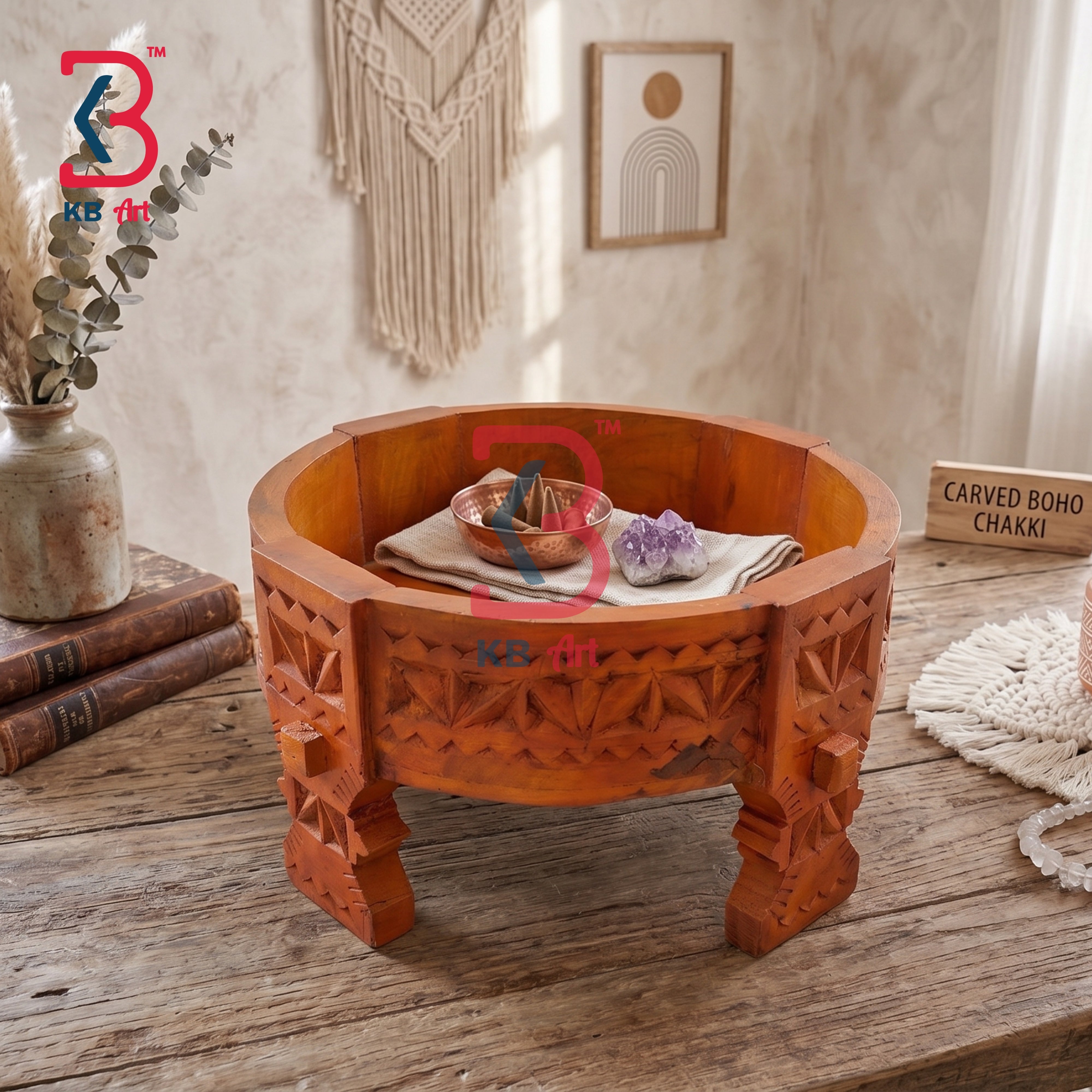 KB ART Vintage Wooden Grinder Table Chakki Home Styling Handcrafted Indian - Solid Wood Carved Chakki Stand for Indoor Planters