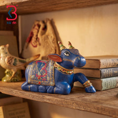 KB ART Ethnic Indian Hand Painted Blue Wood Nandi Sculpture Handcrafted - Traditional Rajasthani Hand Painted Blue Nandi Bull Idol