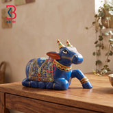 KB ART Ethnic Indian Hand Painted Blue Wood Nandi Sculpture Handcrafted - Decorative Solid Wood Blue and Gold Nandi Statue Home Decor