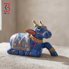 KB ART Ethnic Indian Hand Painted Blue Wood Nandi Sculpture Handcrafted - Handcrafted Blue Wooden Carved Nandi Statue Pooja Decor