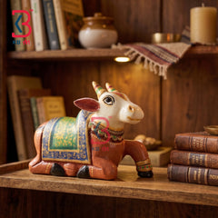 KB ART Handcrafted Brown White Wooden Carved Nandi Statue Decor Indian - Traditional Rajasthani Hand Painted Brown White Nandi Bull Idol