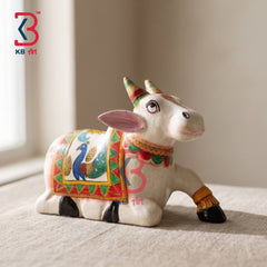 KB ART Handcrafted White Wooden Carved Nandi Statue Peacock Art Indian - Handcrafted White Wooden Carved Nandi Statue Peacock Art