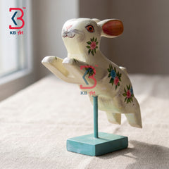 KB ART Handcrafted White Wooden Carved Jumping Rabbit Statue Stand Indian - Decorative White and Floral Wooden Rabbit Sculpture Tabletop Decor