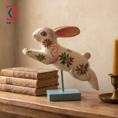 KB ART Handcrafted White Wooden Carved Jumping Rabbit Statue Stand Indian - Solid Wood White Jumping Hare Statue on Pedestal Stand