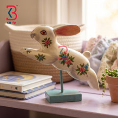 KB ART Handcrafted White Wooden Carved Jumping Rabbit Statue Stand Indian - Ethnic Rajasthani Hand Painted White Wood Rabbit Showpiece for Homedecor