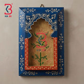 KB ART 12x8 Inch Handcrafted Wooden Jharokha Wall Panel Dark Cobalt Blue Golden Lotus Traditional Wall Decor