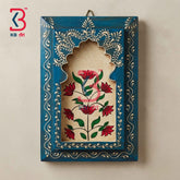 KB ART 12x8 Inch Handcrafted Wooden Jharokha Wall Panel Cerulean Sky Blue Floral Tree Traditional Wall Decor
