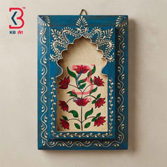 KB ART 12x8 Inch Handcrafted Wooden Jharokha Wall Panel Cerulean Sky Blue Floral Tree Traditional Wall Decor